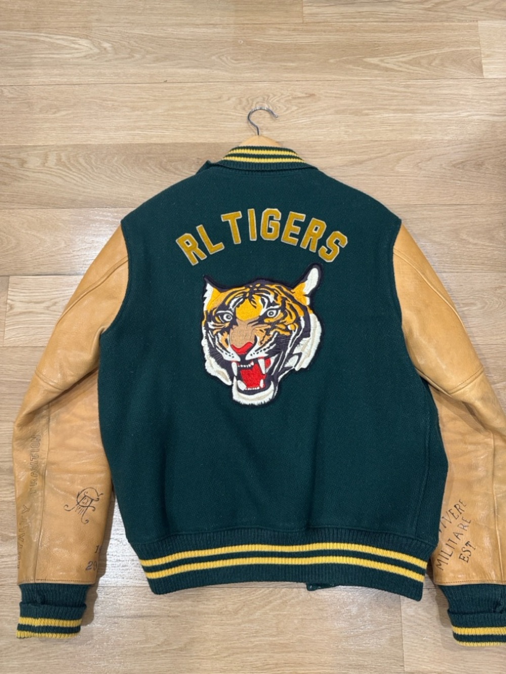 Polo by Ralph Lauren Dark Green & Tan Leather-Sleeve Varsity Jacket - Picture 2 of 5